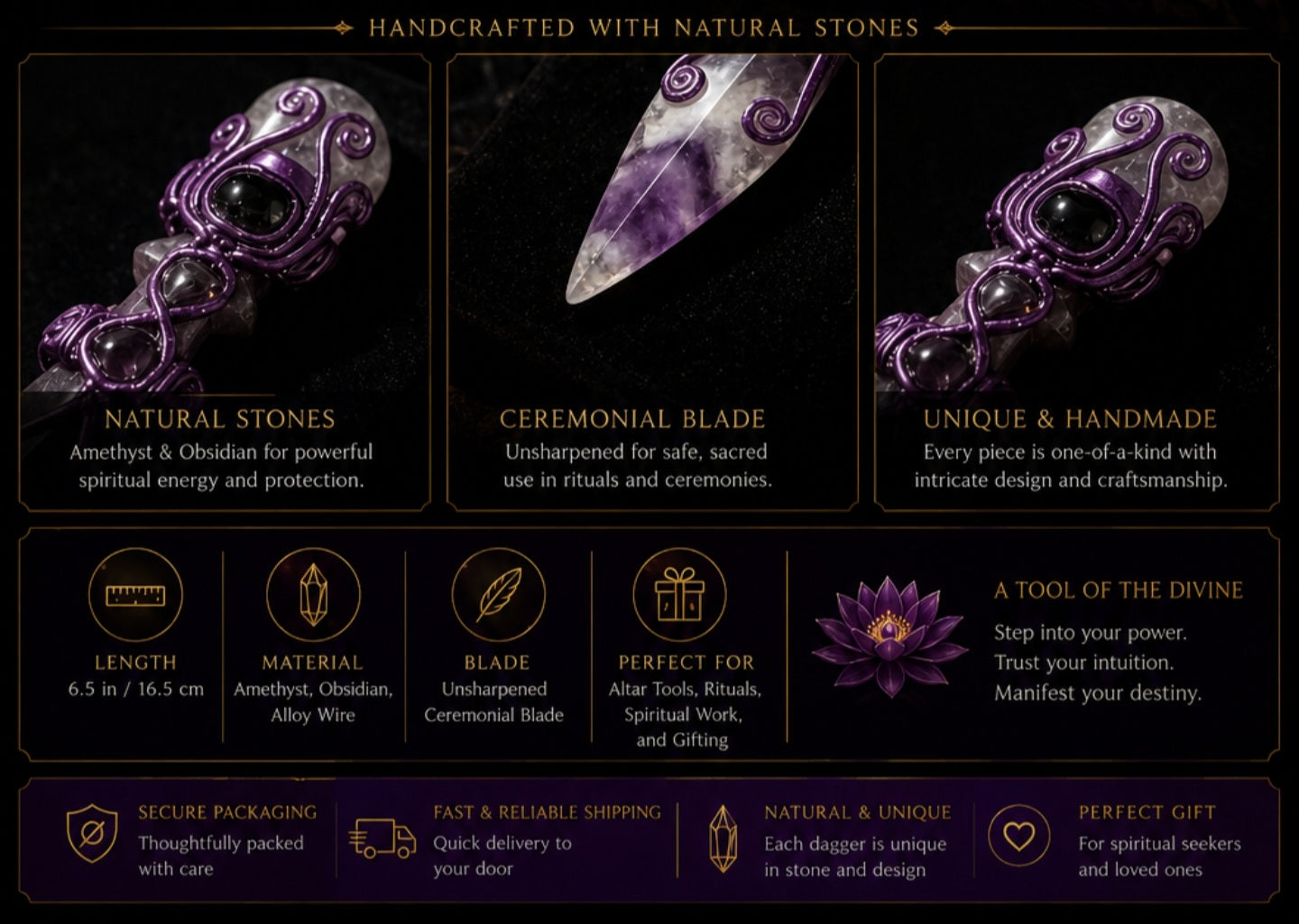 Amethyst & Obsidian Ritual Dagger