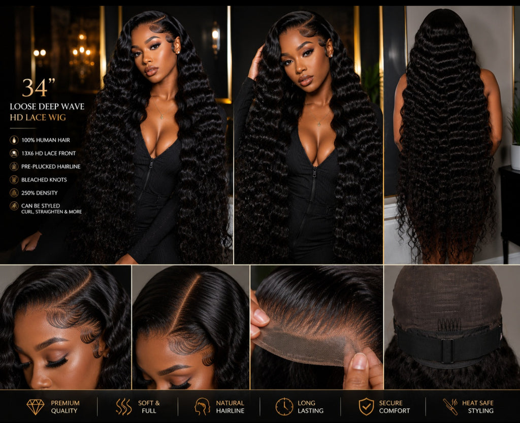 34"  Goddess Loose Deep Wave Temple HD Lace Wig